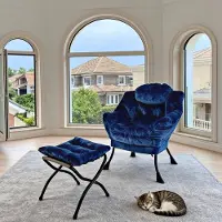 HAUSS SPOLE Fauteuil - Relaxstoel Met Hocker - Ergonomisch Met Armleuningen, Zijvak En Voetensteun - Voor Woonkamer En Slaapkamer - Stof Donkerblauw