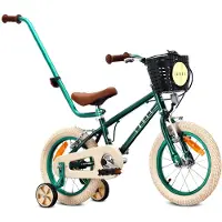 Sun baby Kinderfiets 14 Inch LOVEL Fiets voor Jongen 3-5 Jaar, Max 50 kg - zijwieltjes, mandje, bel, kettingkast, duwstang - Donkergroen