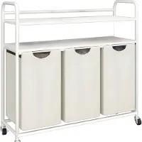 Happiq Wasmand – Voor Badkamer & Wasruimte – 3 Compartimenten (3×46L) met 2 Planken, Uitschuifbare Waszak – Ivoor