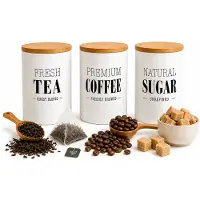 Benza Voorraadpotten Set van 3 – Tea Coffee Sugar Voorraadpotten – Keramiek met Bamboe Deksel – 800 ml – Wit – Ø10 x 15 cm