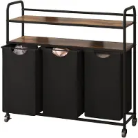 Happiq Wasmand – Voor Badkamer & Wasruimte – 3 Compartimenten (3×46L) met 2 Planken, Uitschuifbare Waszak – Zwart