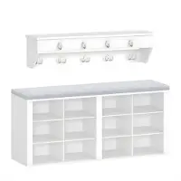 Happiq Kapstok met Bank – Voor Hal & Entree – Schoenbank met Zitgedeelte, Muurkapstok met 9 Haken – 30 x 104 x 49 cm – Wit/Grijs