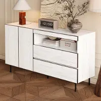 MODFU - Sideboard - Greeploos Met Dubbele Deuren, Dubbele Laden En Open Vakken - Minimalistisch - Voor Woonkamer En Eetkamer - Spaanplaat - Wit