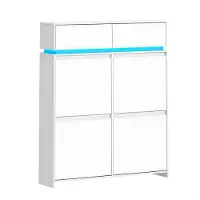 Happiq Schoenenkast – Voor Hal & Entree – Smalle Schoenenkast met 4 Kleppen, LED-Verlichting en Verstelbare Verdelers – Wit