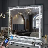 Vanitii Hollywood make-upspiegel, 100cm x 80cm, met LED-verlichting, 3 lichtstanden, kristallen, Bluetooth, cosmeticaspiegel voor badkamer of make-uptafel, wit