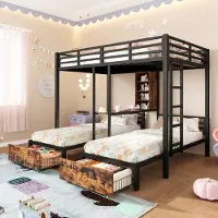 OEM Driepersoons stapelbed, 140 x 200 cm + 90 x 200 cm, 3 bedden, met zijwanden, met opbergboxen, 2 lades, hout, zonder matras, zwart