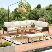 OEM Tuinmeubelsset, hoekbank + salontafel, acacia hout, acacia tafelblad, gevlochten touw, geschikt voor gebruik in de tuin, natuurlijke kleur + crème
