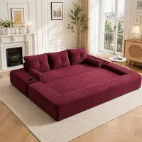 OKWISH Slaapbank 3-Zits 232 x 98 x 80 cm - Uitklapbaar Met Bekerhouder, Zijvakken En Memory-Kussens - Voor Woonkamer En Appartement - Corduroy - Wijnrood