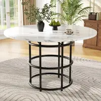 OEM Ronde eettafel (100x100x76 cm), tuintafel, eettafel en salontafel voor 4-6 personen, met metalen poten, ringvormige poten, tafelblad van MDF met een patroon en zwarte poten