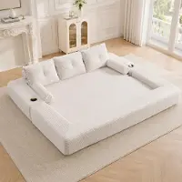 STILVORA Slaapbank 232 x 98 x 80 cm - 3-Zits Uitklapbare Bank Met Bekerhouder En Zijvakken - Voor Woonkamer En Logeerkamer - Ribstof Beige