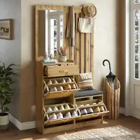 OKWISH Schoenenkast - Met Spiegel, Haken, Lade En Zitbank - 99,5 x 26 x 180 cm - Ruimtebesparend Voor Hal - MDF Naturel