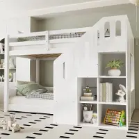 OEM Kinderbed met hemelbed, 90x200 cm, met valdeur en opbergruimte - Hemelbed met veiligheidshek en houten bedframe voor twee kinderen - Wit