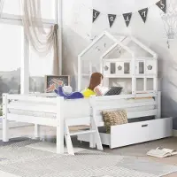 OEM Kinderbed met ladder en lades, inclusief lattenbodem, massief houten hoogslaper met valbeveiliging, 90x200 cm, wit (zonder matras)