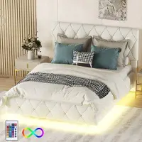 OEM Slaapkamer voor twee personen, 140x200 cm, met comfortabele, beige gestoffeerde bedden en verlichting