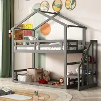OEM Kinderbed 90*200 cm, smalle stapelbed met veiligheidsgordel, houten stapelbed met lattenbodem, grijs