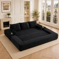 STILVORA Slaapbank 232 x 98 x 80 cm - Uitklapbare 3-Zits Met Bekerhouder en Zijvakken - Voor Woonkamer en Logeerkamer - Corduroy Zwart