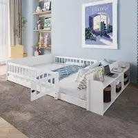 OEM Kinderkamerbed van wit gelakt hout, 140 x 200 cm, met open opbergruimte, houten lattenbodem, verstelbaar houten frame, zonder matras