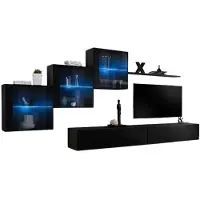 Meublorama Wandcompositie SWITCH XX – Dubbel TV-meubel, LED-verlichte glazen kubussen en plank – Hoogglans zwart – Hedendaags ontwerp