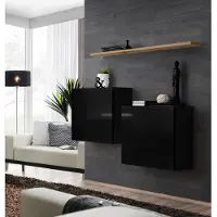 Meublorama Composition murale SWITCH SBI – Zwevende kubussen en plank – Glanzend zwart en Wotan eiken – Modern ontwerp