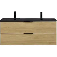 Guido Gusto Badkamermeubel Vesani 120cm licht walnoot inclusief dubbele wastafel mat zwart met twee kraangaten