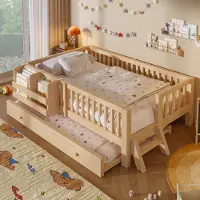 Flieks kinderbed 90x200 cm met uitschuifbed 90x190 cm, hoogslaper voor kinderen met valbeveiliging en ladder, houten bedbank met opbergruimte, in natuurlijke staat
