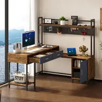 MODFU Bureau met boekenkast, 140 x 140 x 135 cm, Hoekbureau in L-vorm, Laptoptafel met lades en achterwand, Zwart + Naturel