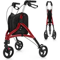 Costway Rollator opvouwbaar en licht, met zitting, loophulp, 6-voudig in hoogte verstelbaar, driewieler, smal, loopwagen met tas en rem, aluminium frame, inklapbaar, voor senioren en volwassenen, rood