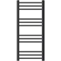 LuxeBath elektrische radiator Sahara 400 x 800 mm antraciet gebogen zijaansluiting met 600W verwarmingselement digitaal thermostaat scherm handdoekwarmer en droger met geïntegreerd verwarmingselement