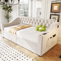 HAUSS SPOLE Gestoffeerd Slaapbank 90x190 cm - Met USB En Type-C, Opbergvakken In Armleuningen En 2 Lades - Met Lattenbodem - Fluweel - Beige