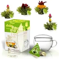 Creano ErblühTeelini theebloemen cadeauset met theeglas en 8 theebloemen in kopformaat, groene thee, cadeau