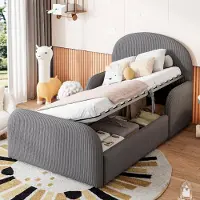 STILVORA Kinderbed 90x200 cm – Gestoffeerd Met Hydraulische Opbergruimte – Veilig Zijhek – Zonder Matras – Fluweel – Grijs
