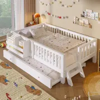Flieks kinderbed 90x200 cm met uitschuifbed 90x190 cm, hoogslaper voor kinderen met valbeveiliging en ladder, houten bedbank met opbergruimte, wit