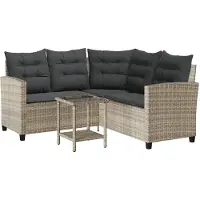 vidaXL Tuinbank met tafel en kussens L-vormig poly rattan lichtgrijs