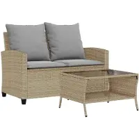 vidaXL Tuinbank 2-zits met kussens & tafel poly rattan beige