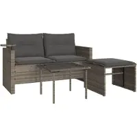 vidaXL 3-delige Loungeset met kussens poly rattan grijs