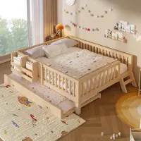 Flieks kinderbed 140x200 cm met uitschuifbed 90x190 cm, kinderhoogslaper met valbeveiliging en ladder, houten dagbed met opbergruimte, in natuurlijke staat
