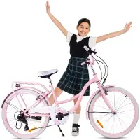 Sun baby Flower Bike Kinderfiets 24 inch meisjes van 8 tot 12 jaar, Roze, Fiets voor een meisje met 7 versnellingen, bagagedrager, metalen spatborden, V-brake, kettingkast