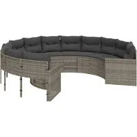 vidaXL Tuinbank met kussens rond poly rattan grijs