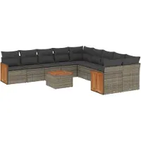 vidaXL 11-delige loungeset voor de tuin met kussens, grijs, polyrotan