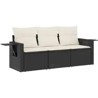 vidaXL 3-delige Loungeset met kussens poly rattan zwart