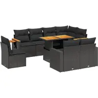 vidaXL 9-delige tuinmeubelset met kussens, zwart, polyrotan