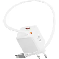 Swissten , USB-A lader met 30W vermogen en een ingebouwd, intrekbaar USB-C kabel van 0,75 meter, wit