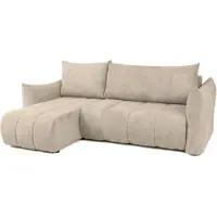 Fun-Möbel Eckbank met slaapfunctie, model ONTARIO XS, bekleed met stof Poso in de kleur beige, met een losse ottomaan aan de linkerkant
