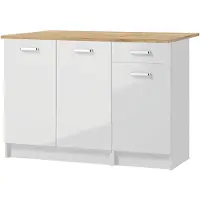 Stamar - Keukenkast set 120x46 cm wit hoogglans - staande keukenkasten met goud eiken werkblad - keukenmeubel