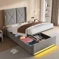 Sweiko Eenpersoonsbed - 90 × 200 cm - Hoog hoofdeinde - Velvet - USB-aansluiting - LED-verlichting - Opbergruimte - Grijs