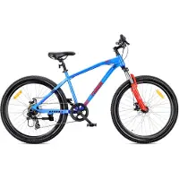 Sun baby TIGER BIKE Mountainbike 26", MTB-fiets voor jongens en mannen, jeugd fiets 26 inch - stalen frame, 7 versnellingen, schijfremmen, vering - Blauw-Oranje