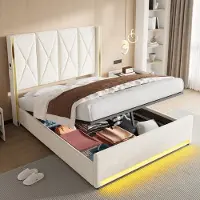 Sweiko Tweepersoonsbed - 160 × 200 cm - Hoog hoofdeinde - Velvet - USB-aansluiting - LED-verlichting - Opbergruimte - Beige
