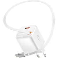 Swissten , USB-A lader met 45W vermogen en een ingebouwd, intrekbaar USB-C kabel van 0,75 meter, wit