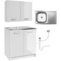 Stamar - Keukenkast set 80 cm met RVS spoelbak - witte hoogglans onderkast en wandkast - keukenmeubel