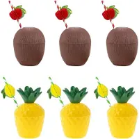 JeiibrZui Hawaiian Luau Set - 6 Delige Tropische Drankbekers - Kokosnoot En Ananas Vorm - Herbruikbaar Kunststof - Voor Strandfeest Zomerparty Tuinfeest